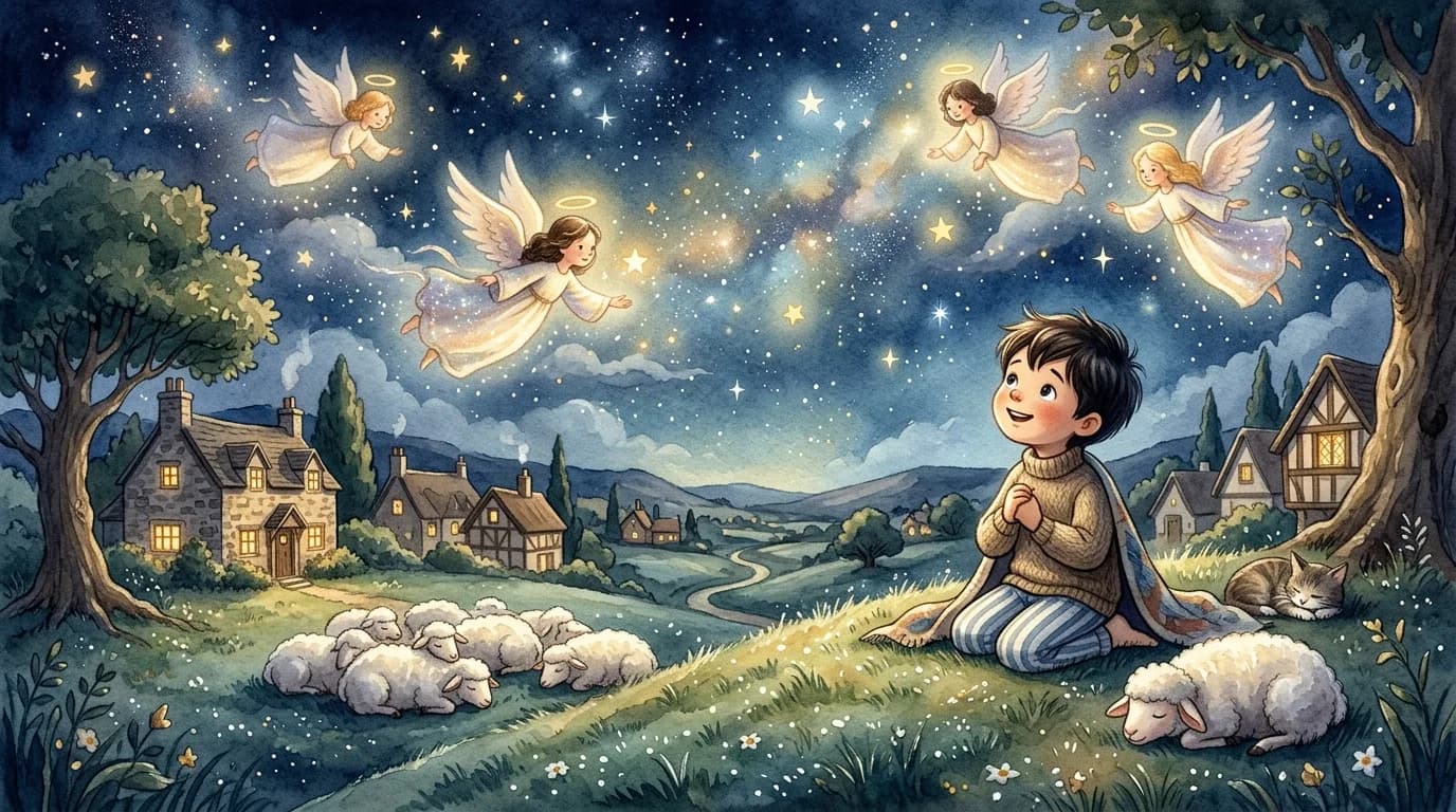 Criança sob o céu estrelado vivendo uma história bíblica com anjos e ovelhinhas