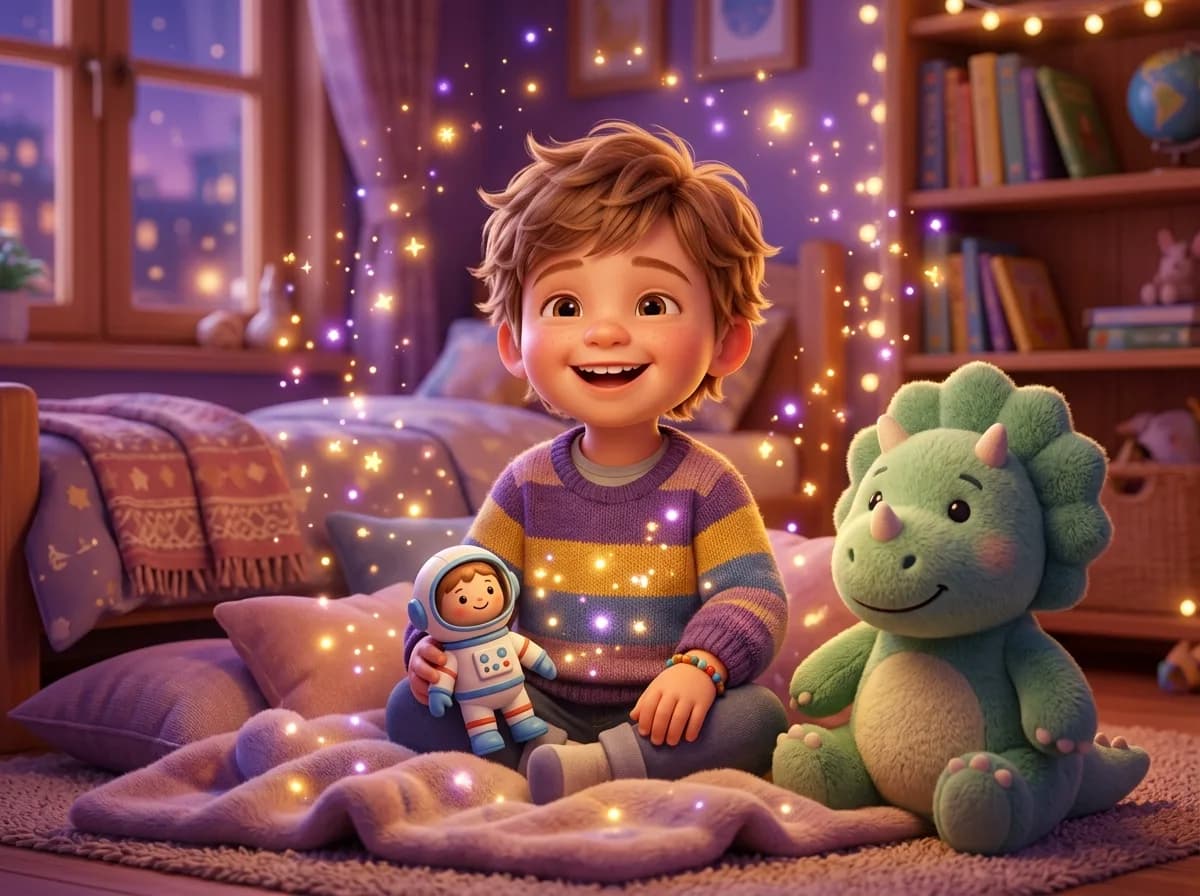Criança feliz imaginando seus personagens e temas prediletos